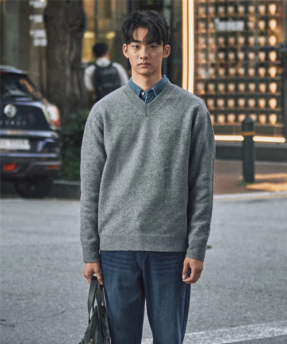 브이넥 솔리드 니트_그레이 (세미오버핏)